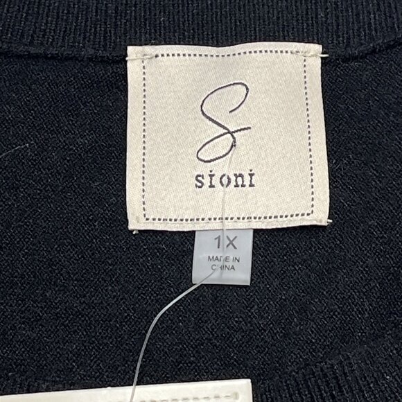 Sioni Sweater Womens 1X Colorful Floral Satin Panel Front Black Knit Pullover - Picture 6 of 10